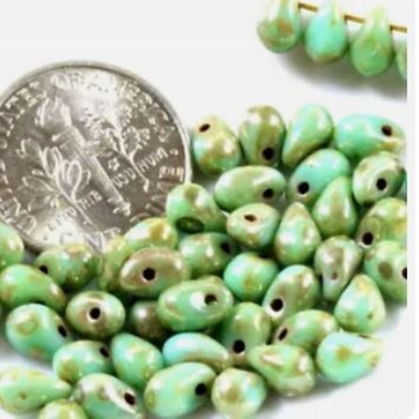 Tear Drop Beads, 4 x 6 mm (Tiny), Sea Green w/Picasso Finish, Czech Bohemian Glass, Top Side Drilled,....... 50 Pieces