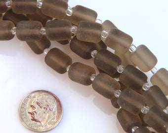 Barrel Beads, Smoky Quartz, Brown, Medium Size (10x8mm), Frosted Beads, Sea Glass Style, Beach Glass Style Beads, 10 Pieces