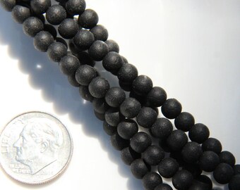 4mm Round Glass Beads, Black Color With Frosted Matte Sea Glass Finish, Sea Glass Beads, 46 Beads