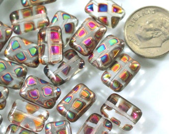 Rectangle Beads, Chicklet Beads, Multi Colored Beads, Czech Bohemian Press Glass Smooth Rectangel Beads, 12x8mm, 197