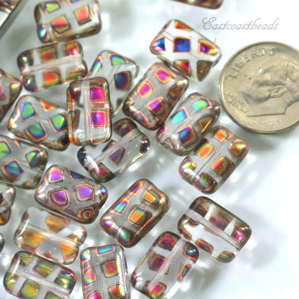 Rectangle Beads, Chicklet Beads, Multi Colored Beads, Czech Bohemian Press Glass Smooth Rectangel Beads, 12x8mm, 197