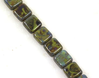 2 Hole Square Tile Beads, 6 mm, Glass Tile Beads, Opaque Olive Green w/ Picasso Finish, 6mm, Accent Beads, Spacer Beads, 25 Pieces