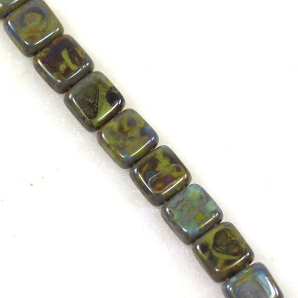 2 Hole Square Tile Beads, 6 mm, Glass Tile Beads, Opaque Olive Green w/ Picasso Finish, 6mm, Accent Beads, Spacer Beads, 25 Pieces