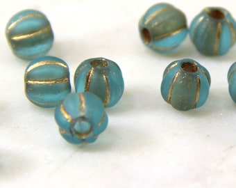 Large Hole 8 mm Fluted Boho Melon Roller Beads With 3 mm Hole, Baby Blue w/Gold Wash, 10 Pieces, 226