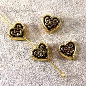 TierraCast Celtic Heart Beads, Gold Heart Beads,Findings, Small Heart Beads, Love knot Beads, Antique Gold Plated, 4 pieces