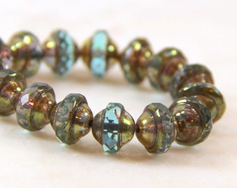 Saturn Rondelle Beads, Czech Glass, 10 x 8 mm, Medium Sky Blue w/Brass Fiinish 10x8mm Sauturn Beads, Czech Beads, 15 Pieces