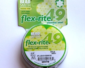 Flex-rite 49 Beading Wire, White, .018", 30 ft., Premium Quality Stainless Steel Beading Wire, From Bead Smith