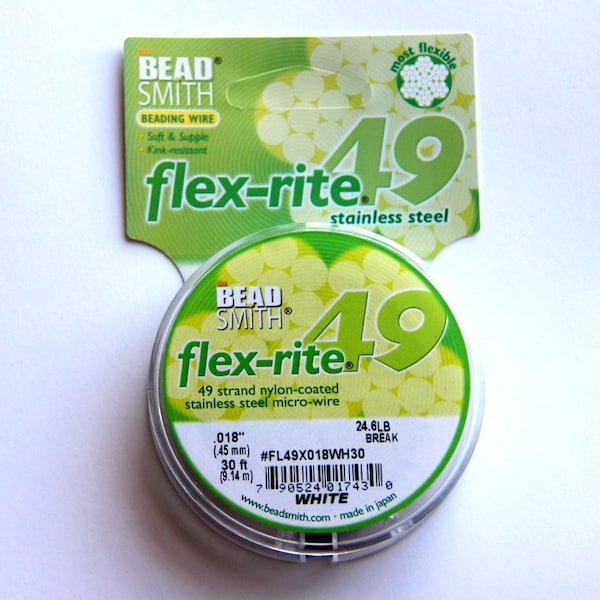 Flex-rite 49 Beading Wire, White, .018", 30 ft., Premium Quality Stainless Steel Beading Wire, From Bead Smith