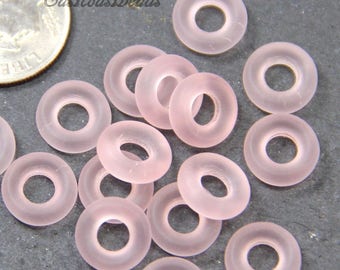 Donut Ring Beads, 9mm w/4mm Hole, Rosalin Pink w/Matte, Frosted, Sea Glass Finish Large Hole Beads, Preciosa Czech Beads,  20 Beads