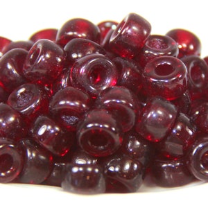 Pony Beads , 9mm w/3.5mm Hole, Transparent Garnet Red w/Gloss Finish, Rondelle Beads, Roller Beads, Czech Beads, Large Hole Beads, 130