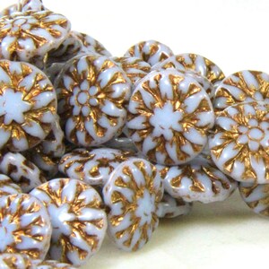 Dahlia Flower Coin Beads, 14mm, Periwinkle w/Gold Wash, Czech Beads, Accent Beads, Spacer Beads, Side Drilled Beads, 10 Pieces