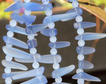 Tusks, Dagger, Spike Beads, 25X6mm, Light Sapphire Blue, Frosted Matte Sea Glass Finish, Tusk Beads, Side drilled, 20 Pieces Per Strand