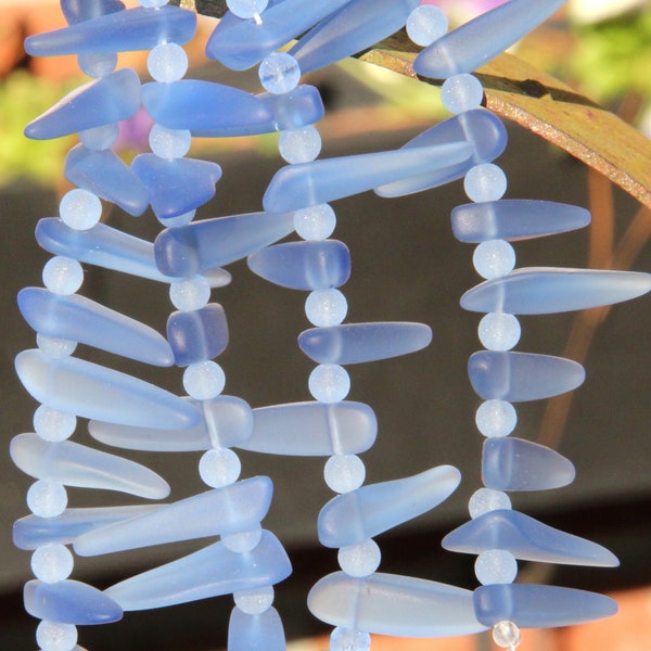 Tusks, Dagger, Spike Beads, 25X6mm, Light Sapphire Blue, Frosted Matte Sea Glass Finish, Tusk Beads, Side drilled, 20 Pieces Per Strand