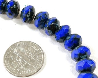 Faceted Rondelle Glass Beads, 8x6mm Cobalt Blue W/ Picasso Finish, Czech Glass, 14 Pieces