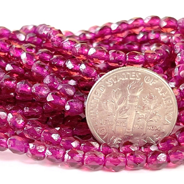 Faceted Round Beads, 4 mm Round Beads,Crimson w/ Etched And Pink Metallic  Finish, 4mm Accent Beads, Spacer Beads, 50 Pieces
