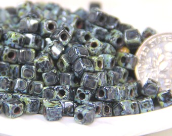 6/0 Cube Beads, 4mm Cubix Square Cube Beads, Large 1.7mm Hole, Black Picasso. Kumihimo Beads, Czech Glass Beads, Spacer Beads, 208