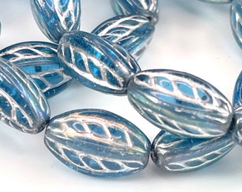 Twisted Oval Beads, Sky Blue w/AB Finish w/Silver Wash., 15x9mm, Czech Beads, 10 Pieces