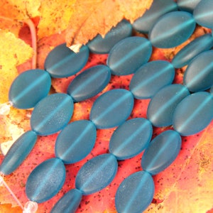 Small Oval Puffed Beads, 18x13mm, Teal, With Frosted Matte Sea Glass Finish, 6 Pieces Per Strand