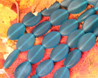 Small Oval Puffed Beads, 18x13mm, Teal, With Frosted Matte Sea Glass Finish, 6 Pieces Per Strand