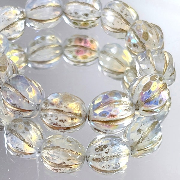 Faceted 10mm. Melon Beads, Transparent Opal  Glass w/AB  Finish and Gold Wash, Lovely Focal Beads, Czech Beads, 12 Pieces