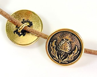 TierraCast "Thistle" Buttons, Metal Shank Buttons, Leather Findings, Jewelry Buttons, Antiqued Gold Plate, 4 Pieces