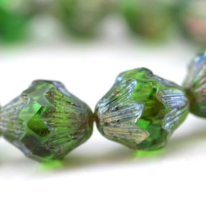 Large Bicone Glass Beads, 11 x 13 mm., Kelly Green With Picasso Finish, Accent Beads, Precoisa Czech Beads, 177
