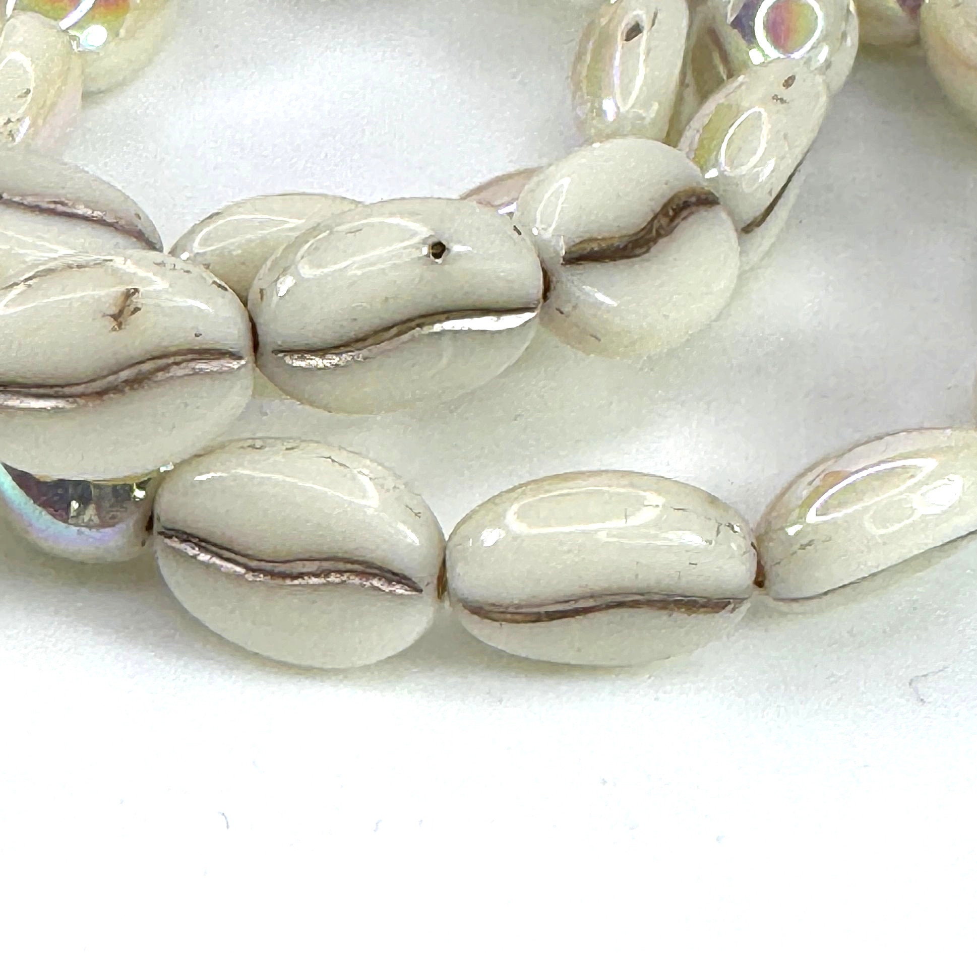 Coffee Bean Beads,11x8mm, White W/ab Finish and Metallic Beige