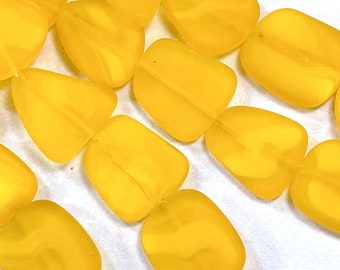 Freeform Flat Beads, Large Size 22x25mm., Desert Gold Swirl, Yellow, Sea Glass Beads, Translucent, Frosted Matte Finish, 5 Pieces