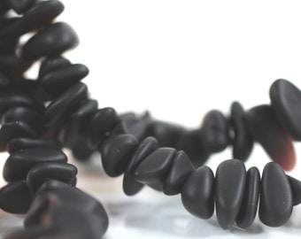 Pebble Beads, 6x9mm, Jet Black, About 12 x 9 x 3 mm., Cultured Beach Sea Glass, Drilled,   22 beads