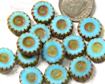 Daisy Beads, 12mm Daisy Flower Beads, Sky Blue w/Picasso Finish, Accent Beads, 12 mm, Czech Glass Beads, 15 Pieces