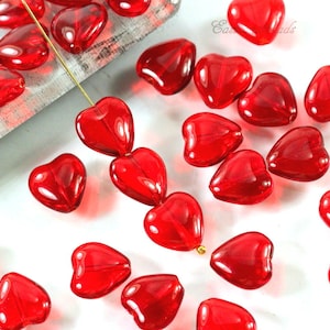 Lot of 6 Czech glass large heart beads - 16 x 15mm opaque red heart shaped  beads C0067