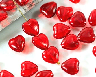 Red Heart Beads, 12 mm, Transparent Puffed Red Heart Beads, 12x11 mm Transparent Red Heart Shaped Beads, Czech Glass, 12mm x 11MM, 15 Pieces