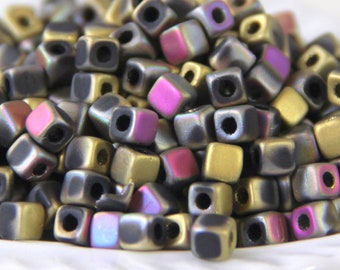 6/0 Cube Beads, 4mm Cubix Square Cube Beads, Large 1.7mm Hole, Green Gold and Purple , Kumihimo Beads, Czech Glass Beads, Spacers, 189