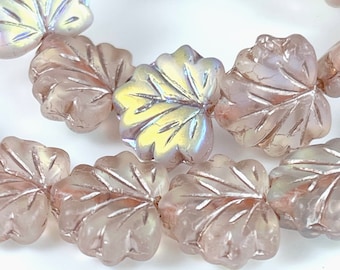 Leaf Beads, Maple Leaf Beads, Pale Pink w/ Matte and AB Finish, Beige Wash, Length Drilled, 13x10mm, Czech Glass Beads, 20 Pieces