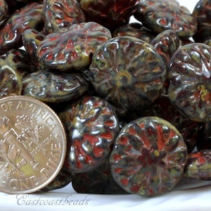 Flower Beads, Dahlia Flower Coin Beads, 14mm., Gray Brown w/Picasso Finish, Focal Beads, Accent Beads, Spacer Beads, 10 Pieces