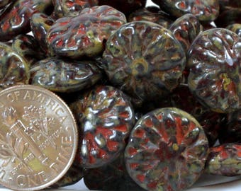 Flower Beads, Dahlia Flower Coin Beads, 14mm., Gray Brown w/Picasso Finish, Focal Beads, Accent Beads, Spacer Beads, 10 Pieces