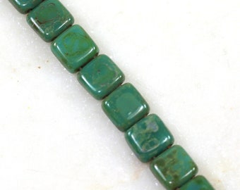 2 Hole Square Tile Beads, 6 mm, Glass Tile Beads, Persian Turquoise w/ Picasso Finish, 6mm, Accent Beads, Spacer Beads, 25 Pieces