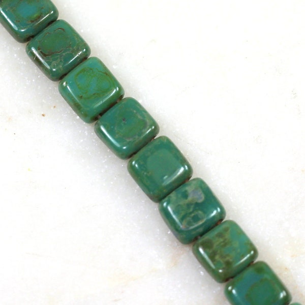 2 Hole Square Tile Beads, 6 mm, Glass Tile Beads, Persian Turquoise w/ Picasso Finish, 6mm, Accent Beads, Spacer Beads, 25 Pieces