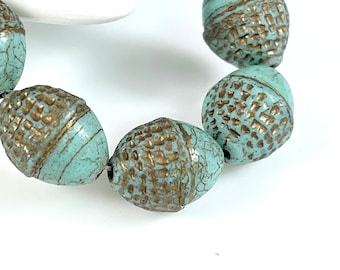 Fancy 12mm. Acorn Beads, Sea Greem w/ Matte Finish w/Metallic Gold Wash, 8 beads