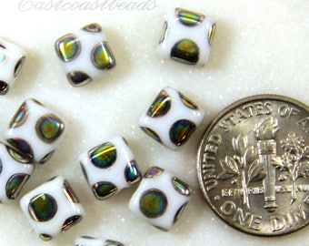 Preciosa Peacock Square Tile Beads, 6 mm Tile  Beads Peacock Tile Beads, Opaque White, Accent Beads,  Czech Pressed Glass Beads, 20 Pieces