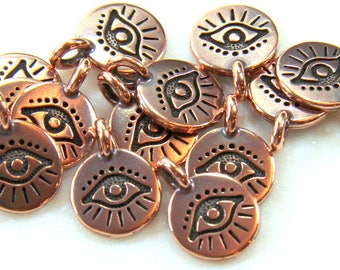 Evil Eye Charms, TierraCast, Small Evil Eye Symbol Disk, Leather Findings, Symbols, Antiqued Copper