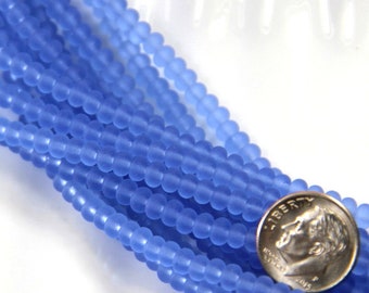 Mini Rondelle Beads, 4x3mm, Light Sapphire Blue with Frosted Matte Sea Glass Finish, 68 Pieces More Or Less