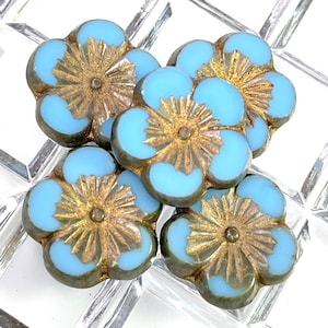 Large Hibiscus Flower Beads, Focal Bead, Sky Blue w/Gold Wash and w/Metallic Picasso Finish, Czech Table Cut Glass Beads, 21mm., 2  Beads