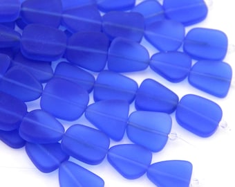 Free Form Flat Beads, Small Size, Royal Blue, 13-16mm, Frosted Matte Finish, Sea Glass Style Beads, 6 Pieces