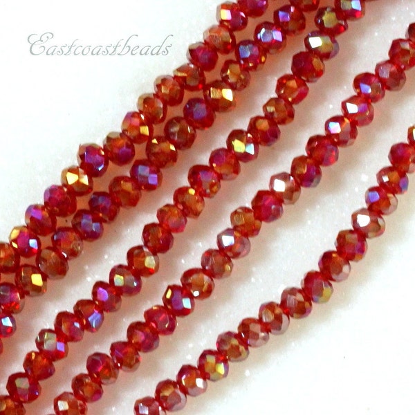 Rondelle Beads, Faceted Crystal Rondelle Beads, 2x2.25mm Beads, Accent Beads, Tiaria Beads, Petite Beads, Cherry Red w/Ab Finish, 100 Pcs