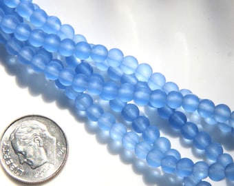 4mm, Light Sapphire Round Glass Beads, With Frosted Matte Sea Glass Finish, Sea Glass Beads, 46 Beads