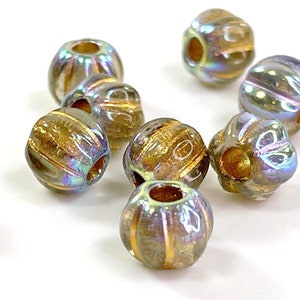 Large Hole 8 mm Fluted Boho Melon Roller Beads With 3 mm Hole, Gold With AB Finish And Gold Wash, 10 Pieces, 180