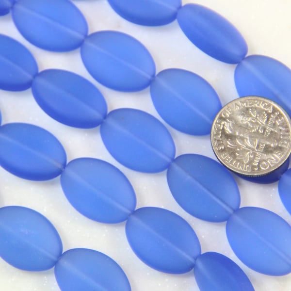Small Oval Puffed Beads, 18x13mm, Light Sapphire With Frosted Matte Sea Glass Finish, 6 Pieces Per Strand