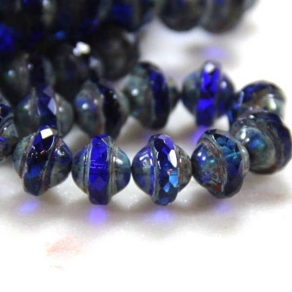 Saturn Rondelle Beads, Czech Glass, 10 x 8 mm, Sapphire and Aqua Blue w/Picasso Fiinish 10x8mm Sauturn Beads, Czech Beads, 15 Pieces
