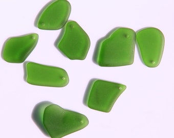 Free Form Flat Pendant Bead, Shamrock, Green w/Frosted Matte Sea Glass Finish, Size 13-20x24-26mm, 6 Pieces